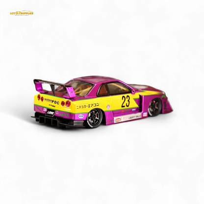 Purple chromed Nissan LBWK ER34 diecast car, 1:64 scale, special edition model, detailed exterior, limited edition collectible.