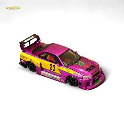 Purple chromed Nissan Street Weapon LBWK ER34 diecast model in 1:64 scale from Lot57Supplies Diecast Shop.