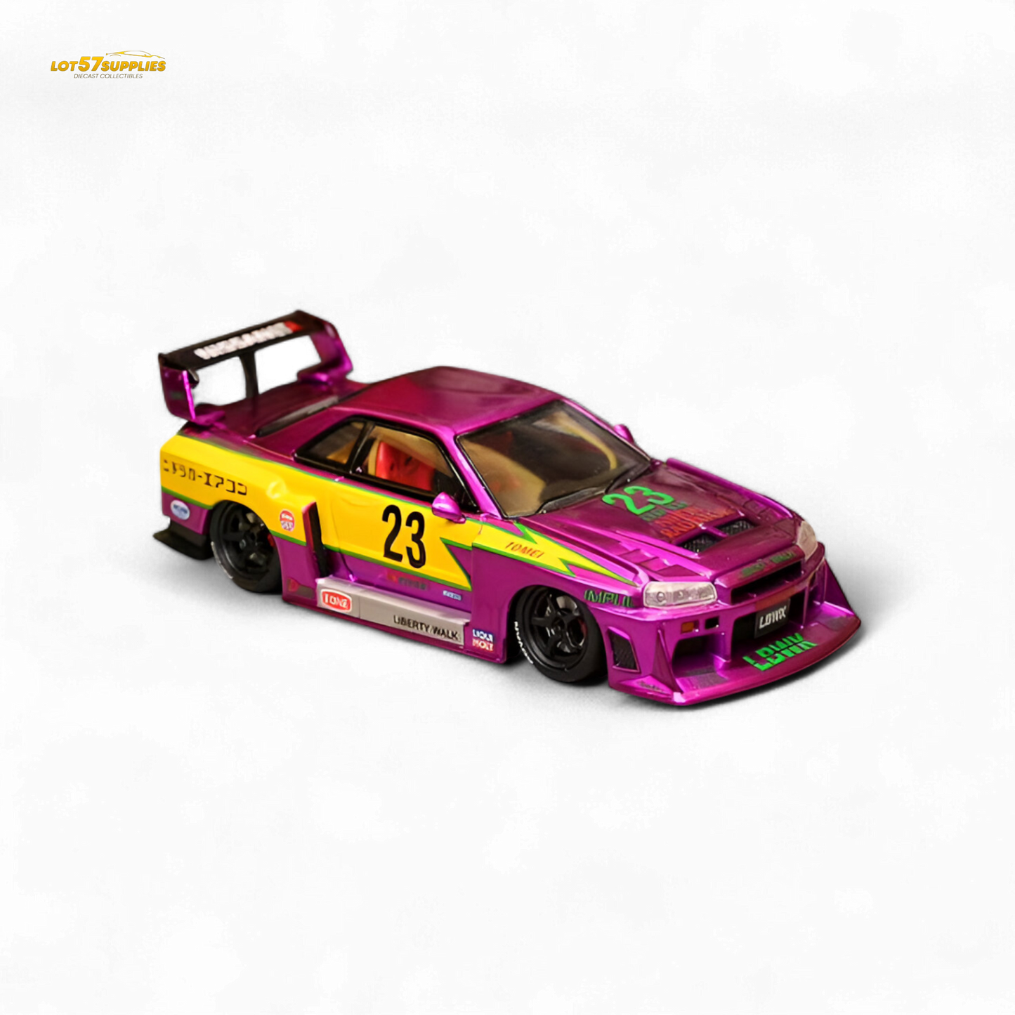 Chromed purple Nissan Street Weapon LBWK ER34 diecast car, 1:64 scale, special edition collectible with detailed features.