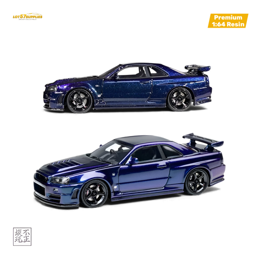 Diecast Nissan Skyline GT-R R34 Z-TUNE in Midnight Purple, 1:64 scale, detailed model from Lot57Supplies Diecast Shop.