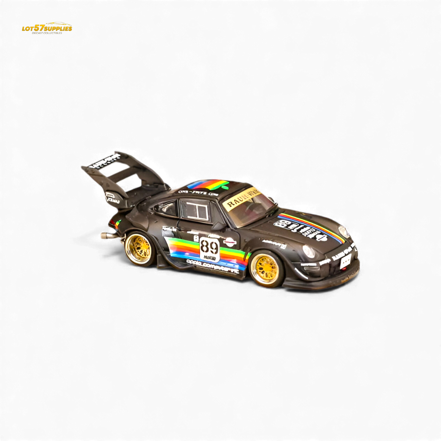 Matte black Porsche 993 diecast model with RWB and Apple livery, 1:64 scale from Lot57Supplies Diecast Shop.