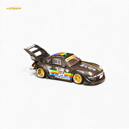 Matte black Porsche 993 diecast model with RWB and Apple livery, 1:64 scale from Lot57Supplies Diecast Shop.
