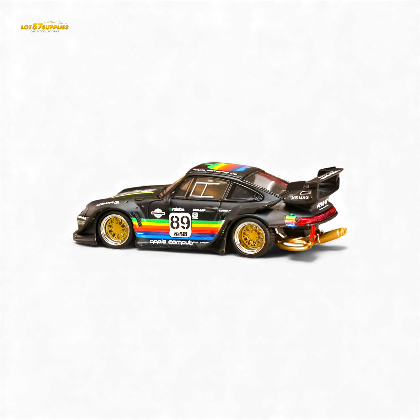 Matte black Porsche 993 diecast model with RWB and Apple livery, 1:64 scale from Lot57Supplies Diecast Shop.