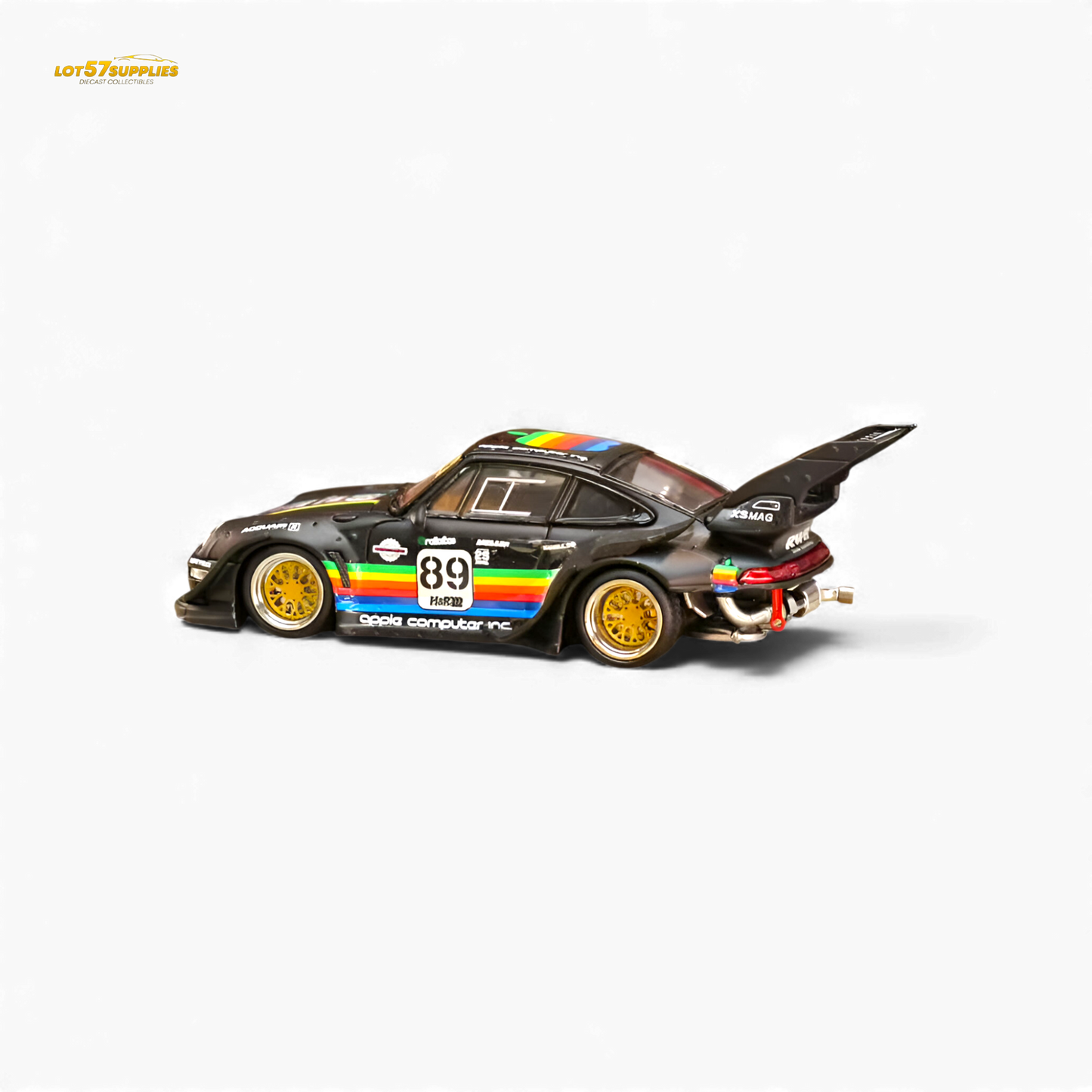 Diecast Porsche 993 model in matte black with RWB and Apple livery, 1:64 scale, from Lot57Supplies Diecast Shop.