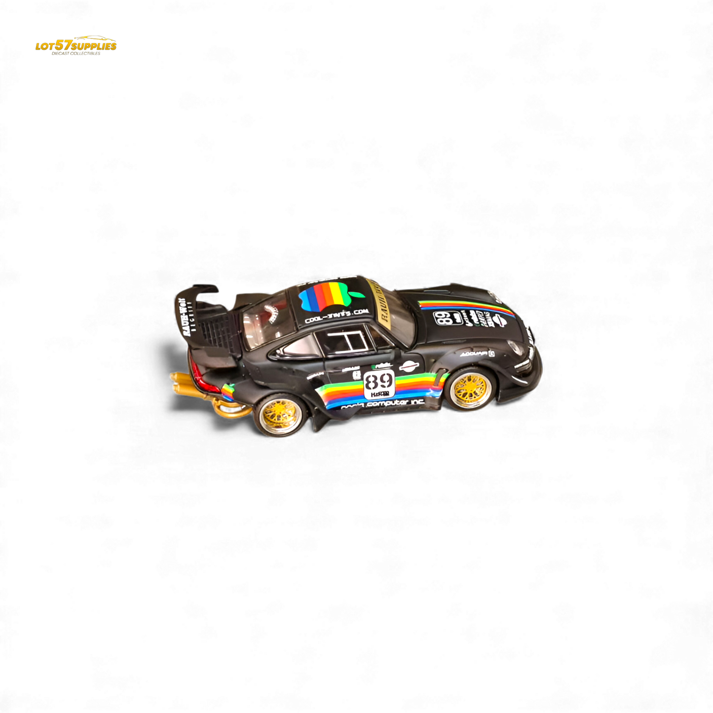Matte black Porsche 993 diecast model with RWB and Apple livery, 1:64 scale from Lot57Supplies Diecast Shop.