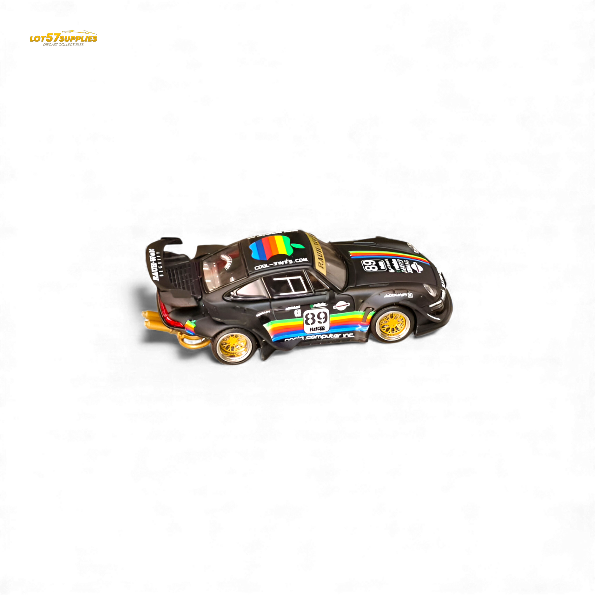 Matte black Porsche 993 diecast model with RWB and Apple livery, 1:64 scale from Lot57Supplies Diecast Shop.