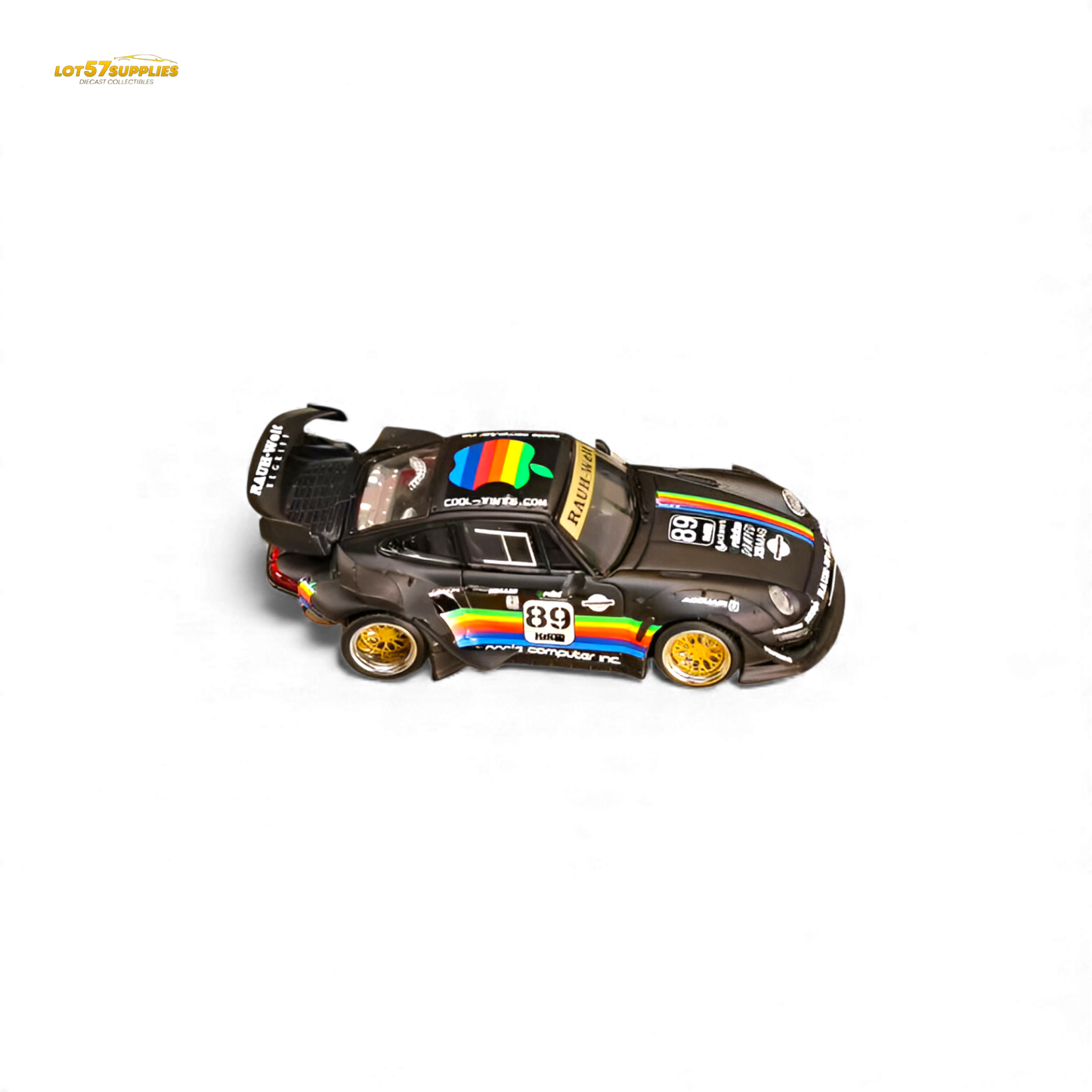 Matte black Porsche 993 diecast model with RWB and Apple livery, 1:64 scale from Lot57Supplies Diecast Shop.