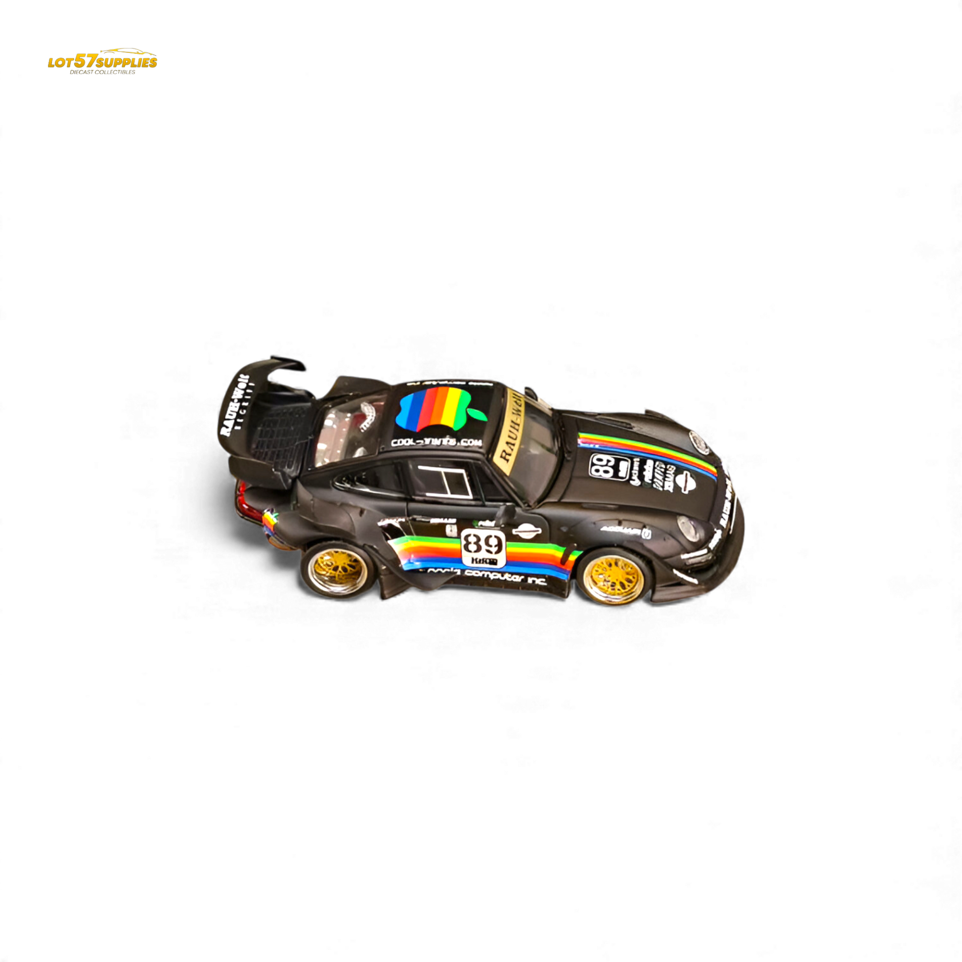 Matte black Porsche 993 diecast model with RWB and Apple livery, 1:64 scale from Lot57Supplies Diecast Shop.