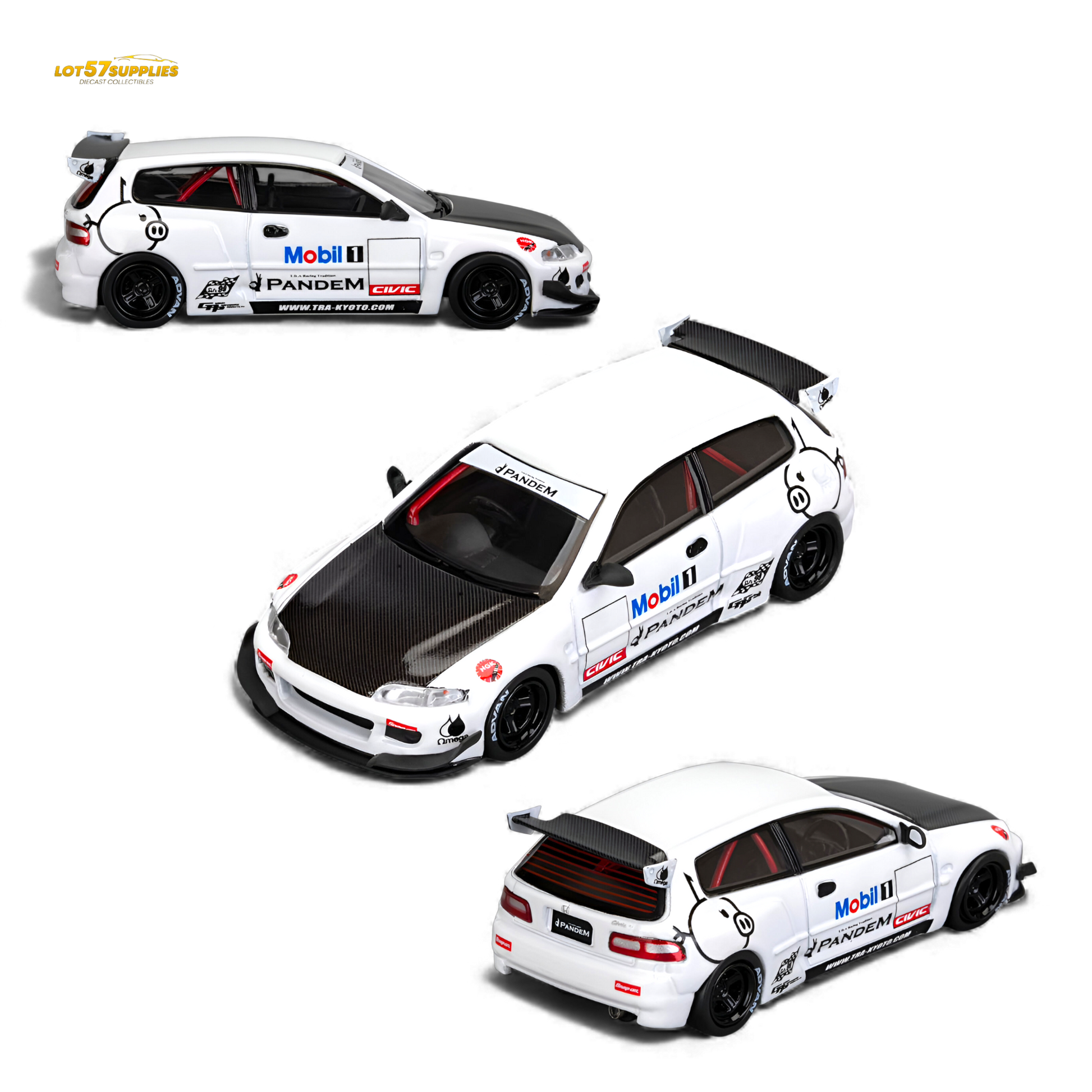 Diecast 1:64 Honda Civic EG6 model with Mobil 1 livery, featuring detailed design and vibrant colors, by Lot57Supplies Diecast Shop.