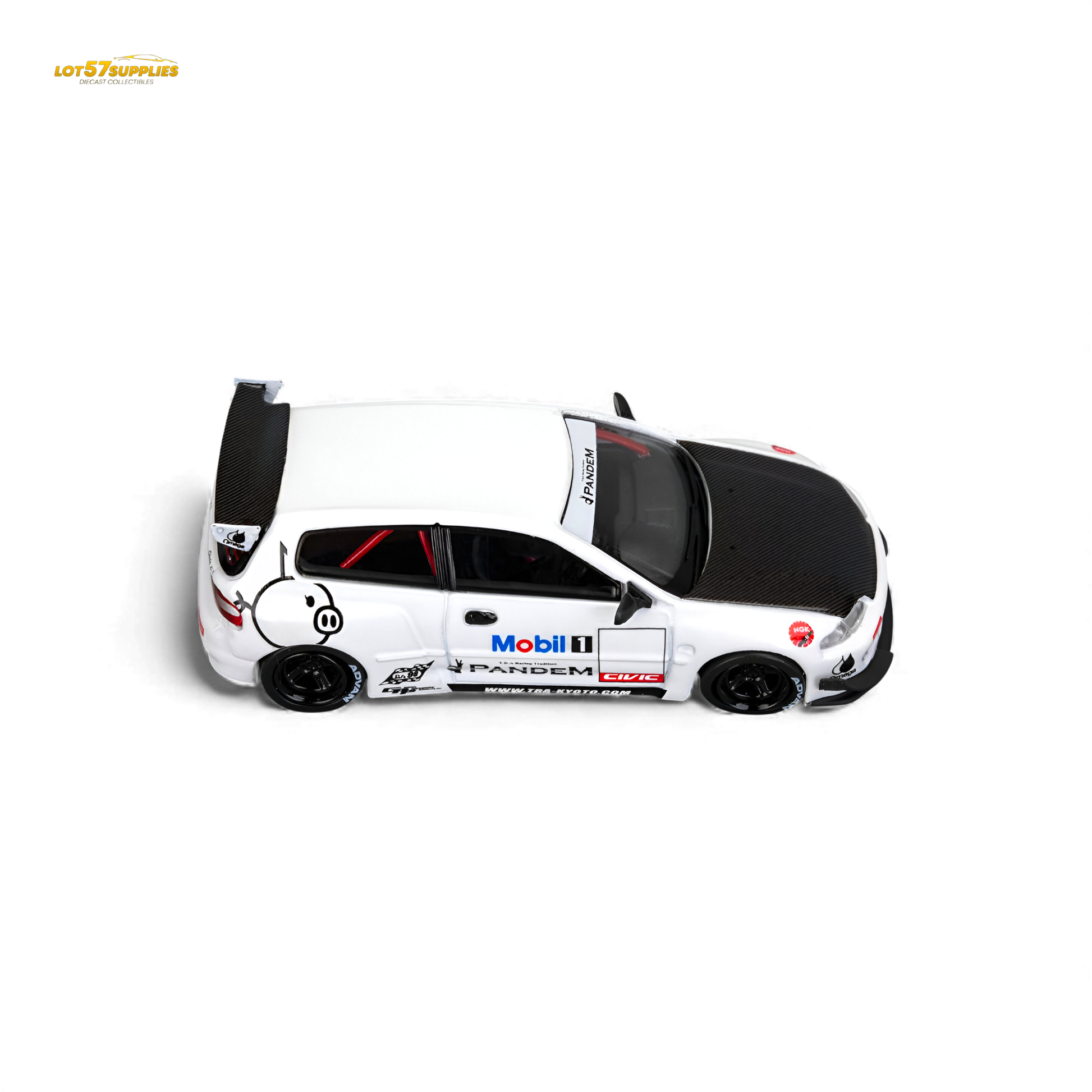 Diecast model of Honda Civic EG6 in Mobil 1 livery, 1:64 scale by Lot57Supplies Diecast Shop, detailed miniature car.