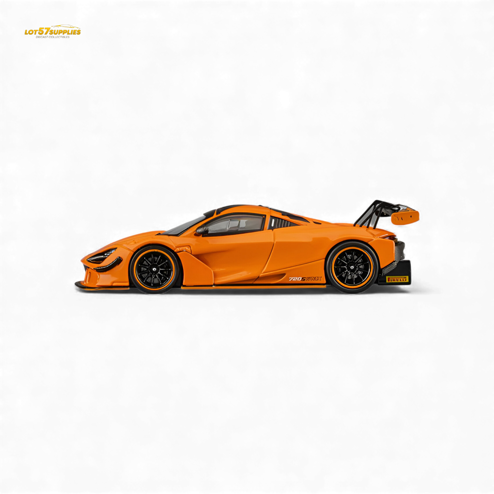 Pre-order McLaren 720S GT3X diecast model in Papaya Orange, 1:64 scale, showcasing detailed design and vibrant color.