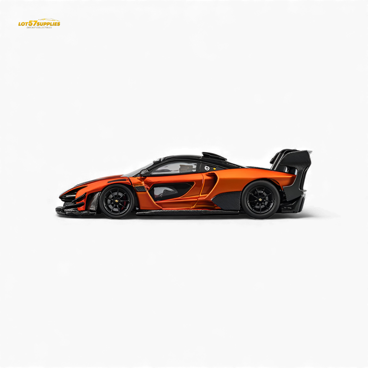 Pre-order McLaren Senna GTR diecast model in Volcano Orange, 1:64 scale, by Lot57Supplies Diecast Shop with detailed features.
