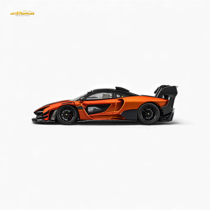 Pre-order McLaren Senna GTR diecast model in Volcano Orange, 1:64 scale, by Lot57Supplies Diecast Shop with detailed features.