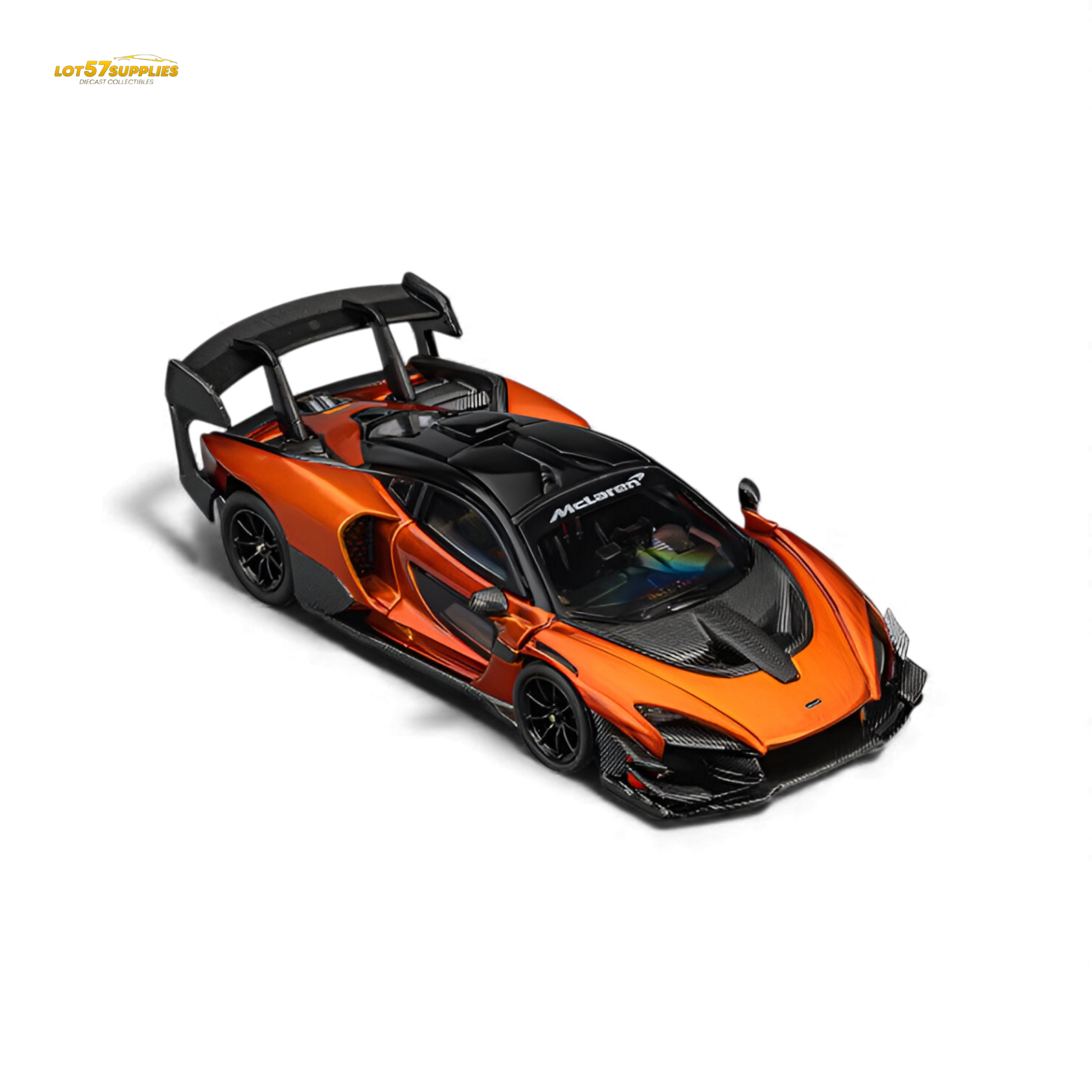 Pre-order McLaren Senna GTR diecast model in Volcano Orange, 1:64 scale by Lot57Supplies Diecast Shop, showing the detailed exterior.