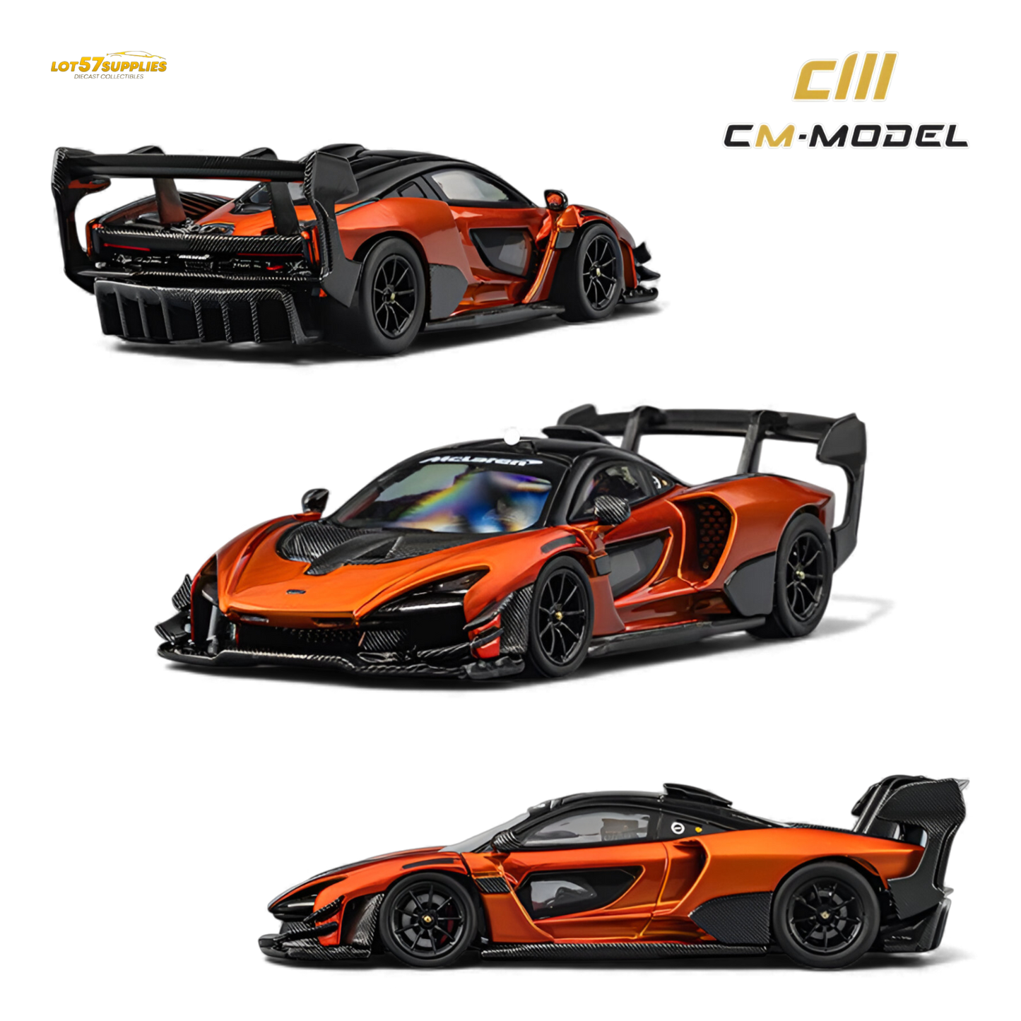 Pre-order McLaren Senna GTR diecast model in volcano orange, 1:64 scale by Lot57Supplies Diecast Shop, shown in detailed image.
