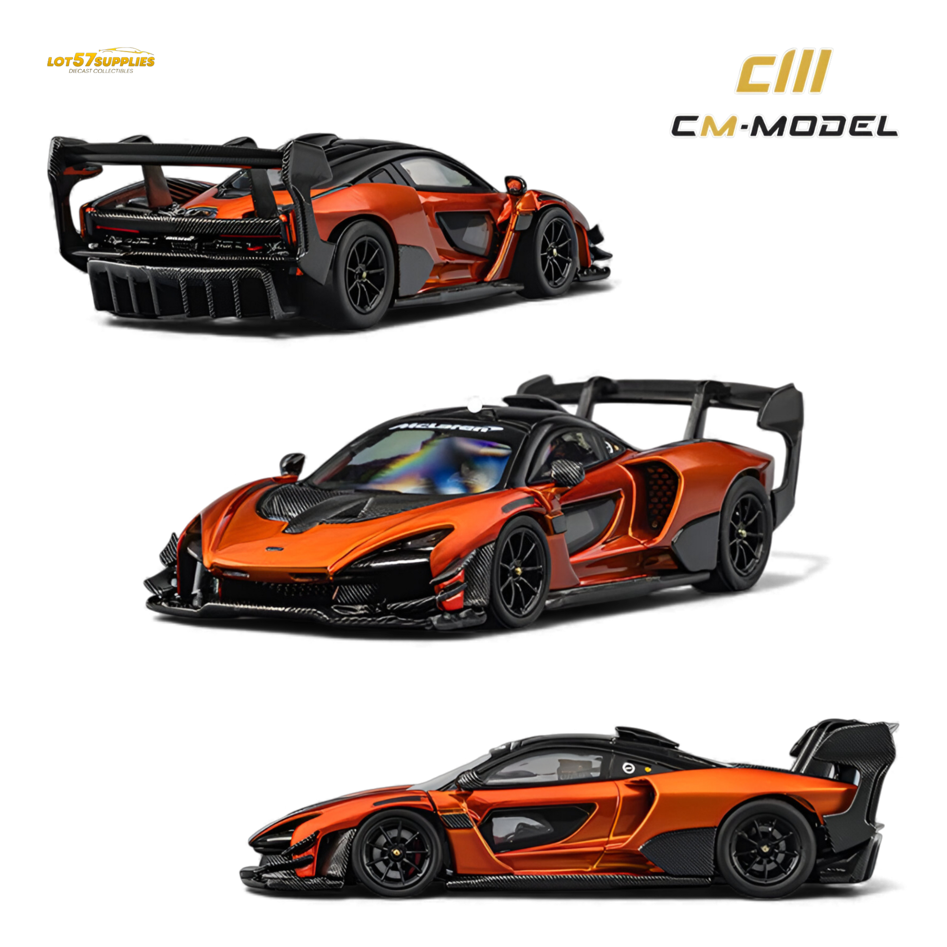 Pre-order McLaren Senna GTR diecast model in volcano orange, 1:64 scale by Lot57Supplies Diecast Shop, shown in detailed image.