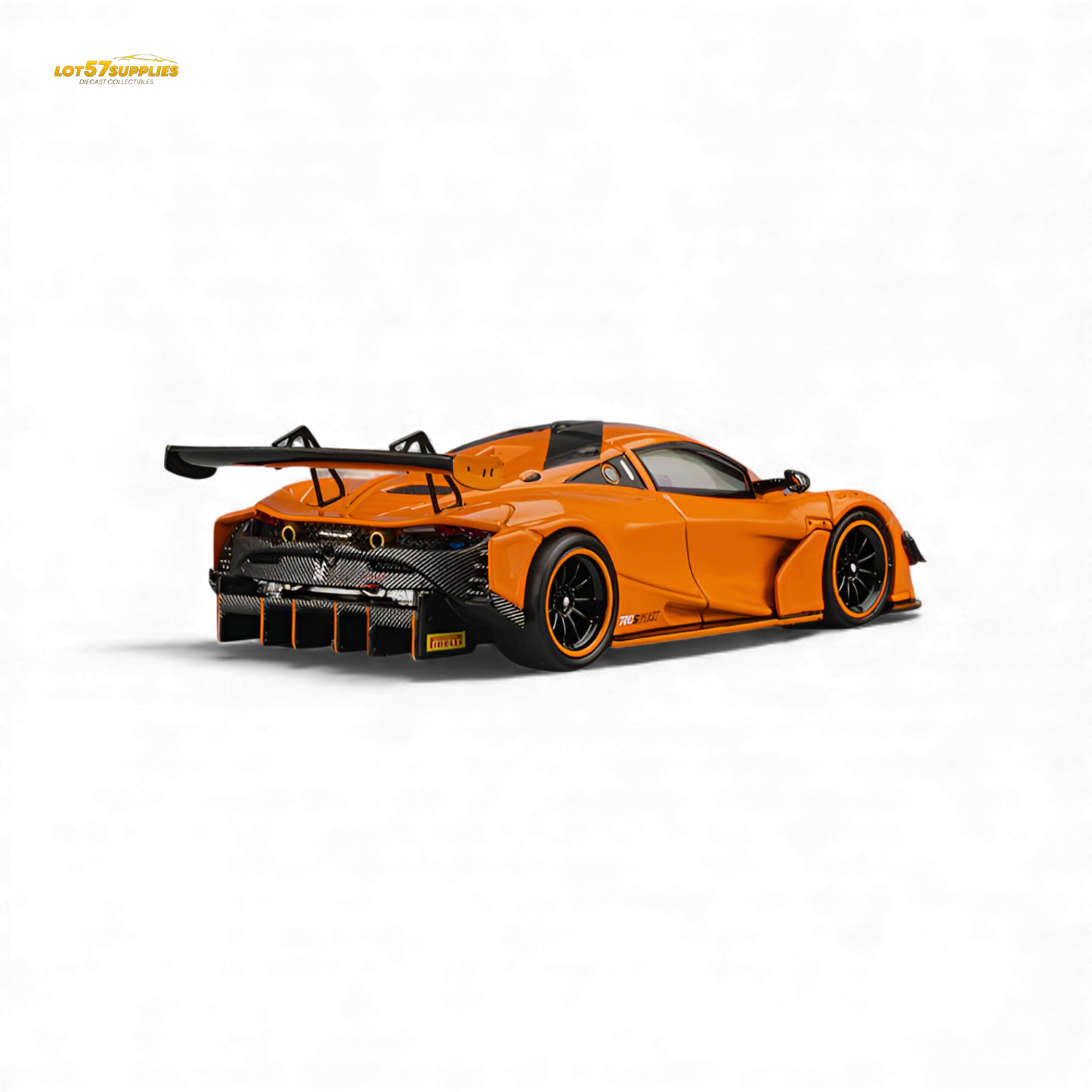 Pre-order McLaren 720S GT3X diecast model in Papaya Orange, 1:64 scale, showcasing detailed design and vibrant color.