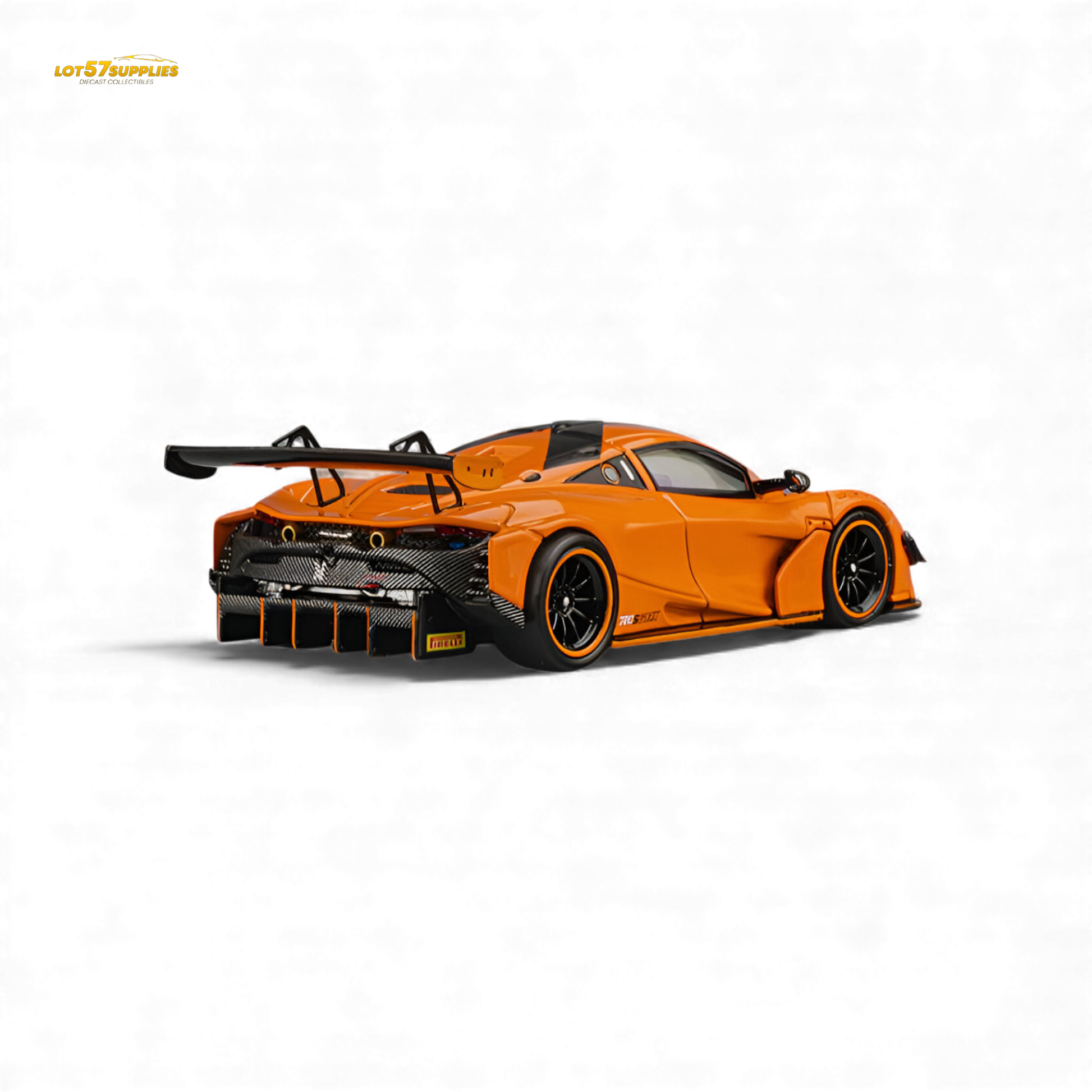 Pre-order McLaren 720S GT3X diecast model in Papaya Orange, 1:64 scale, showcasing detailed design and vibrant color.