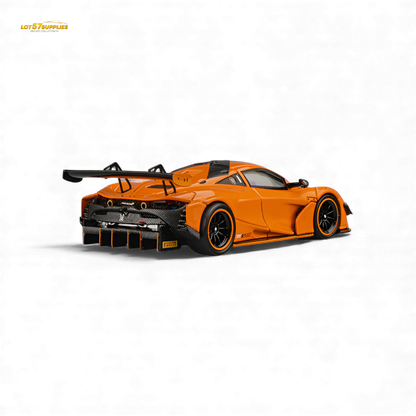 Pre-order McLaren 720S GT3X diecast model in Papaya Orange, 1:64 scale, showcasing detailed design and vibrant color.