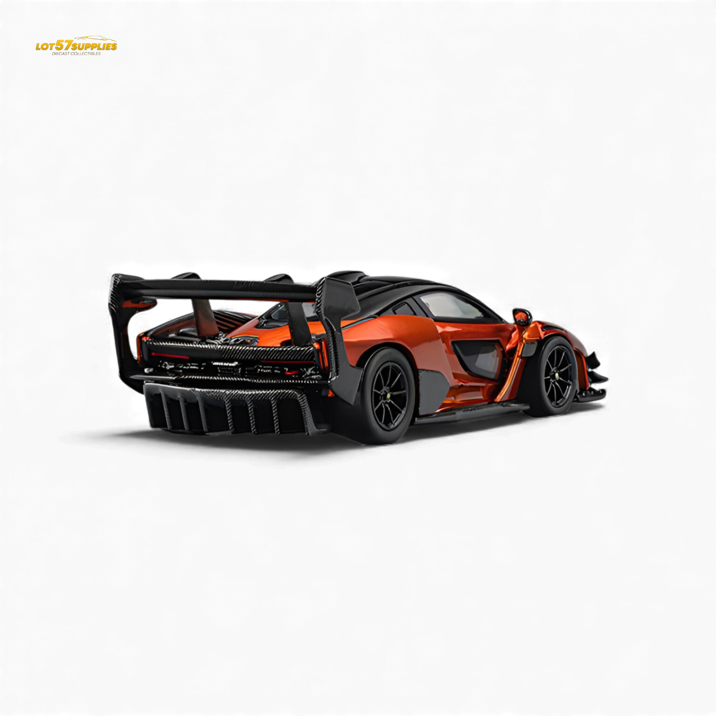 Pre-order 1:64 scale McLaren Senna GTR diecast model in Volcano Orange by Lot57Supplies Diecast Shop, shown from side view.
