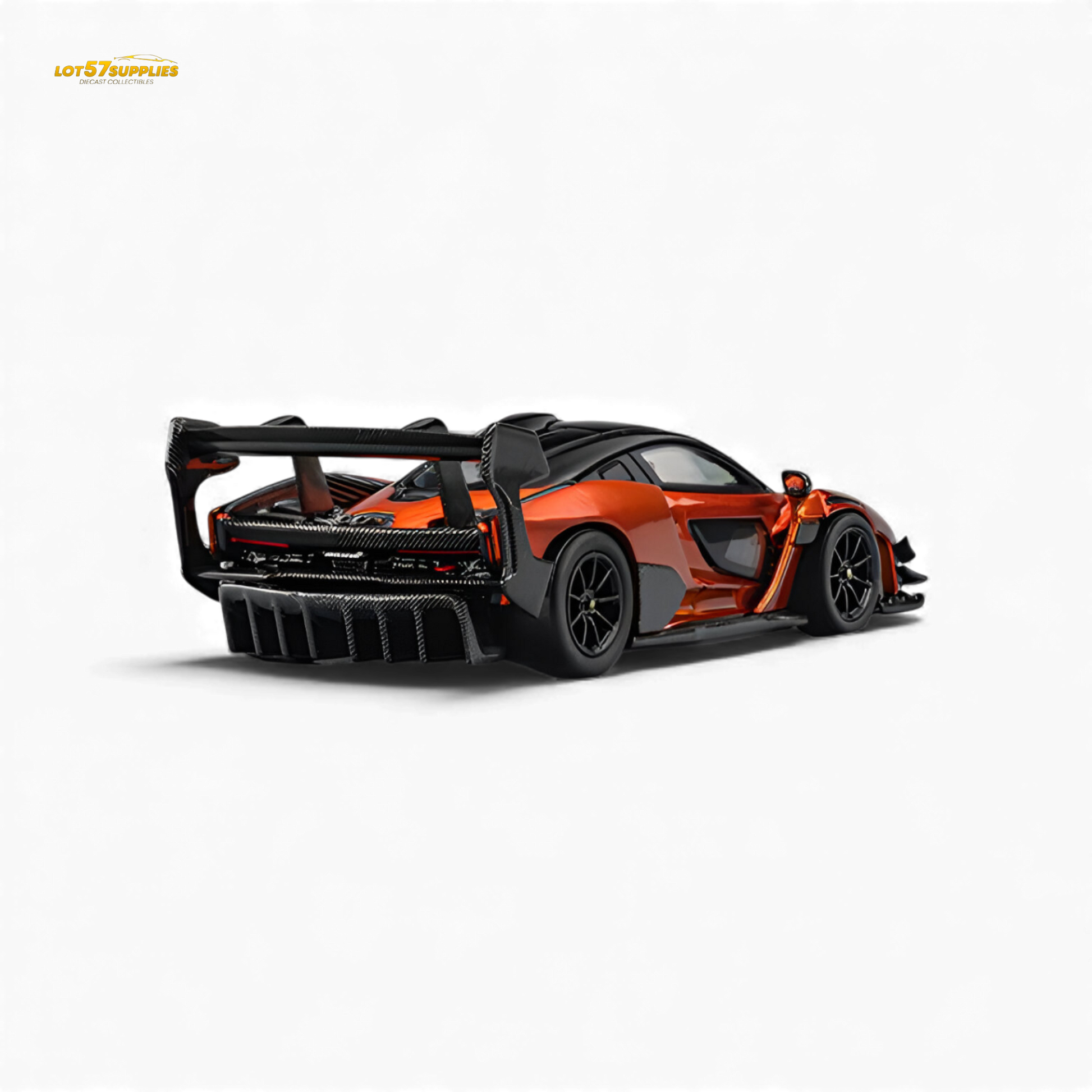 Pre-order 1:64 scale McLaren Senna GTR diecast model in Volcano Orange by Lot57Supplies Diecast Shop, shown from side view.