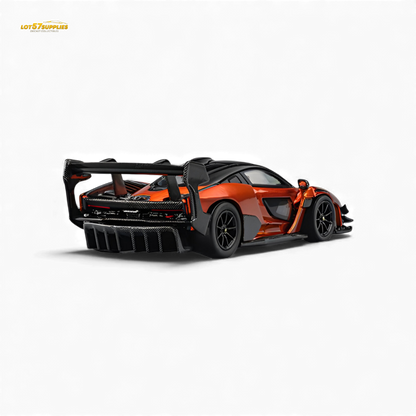 Pre-order 1:64 scale McLaren Senna GTR diecast model in Volcano Orange by Lot57Supplies Diecast Shop, shown from side view.