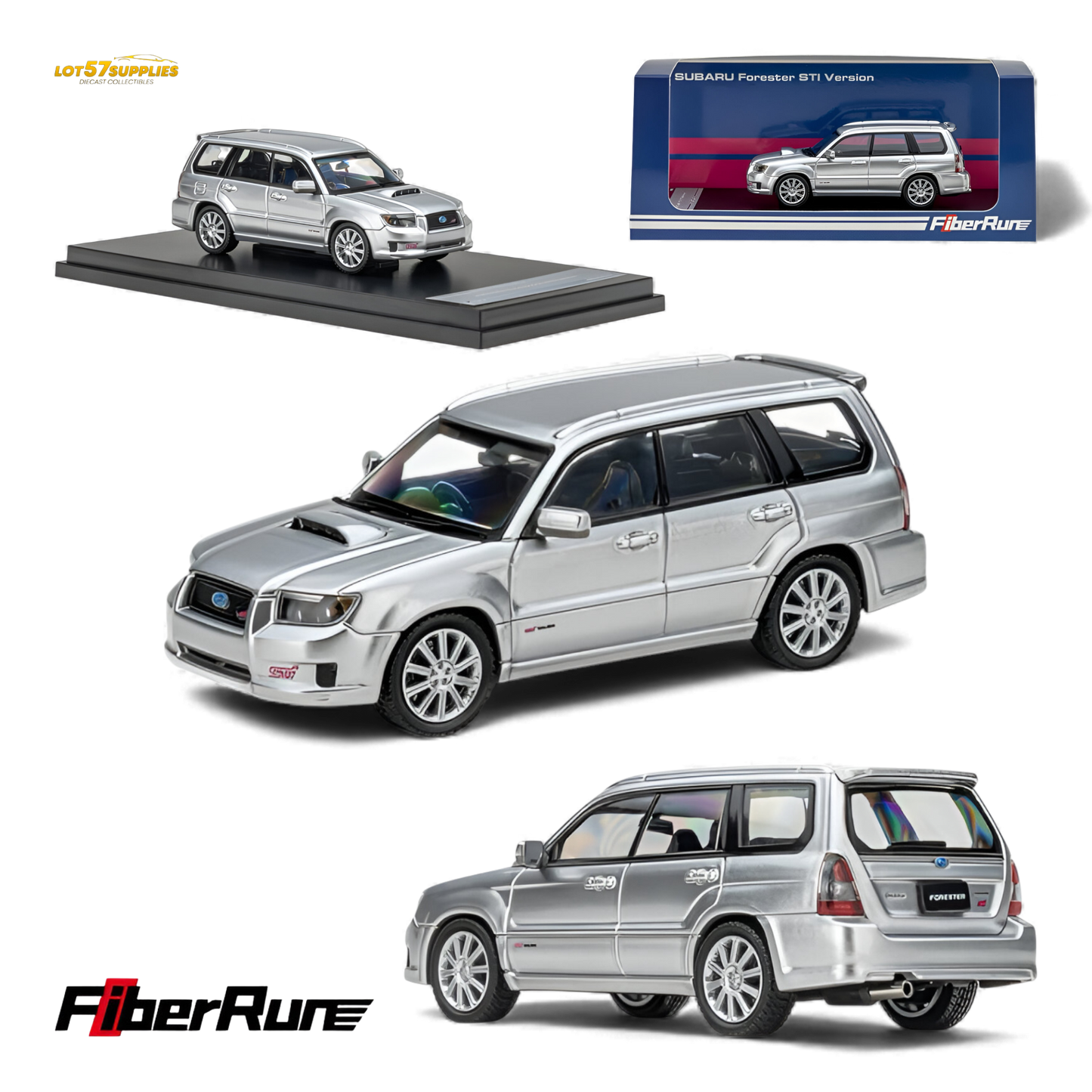 Silver Fiberrun Subaru Forester diecast model in 1:64 scale, detailed miniature from Lot57Supplies Diecast Shop.
