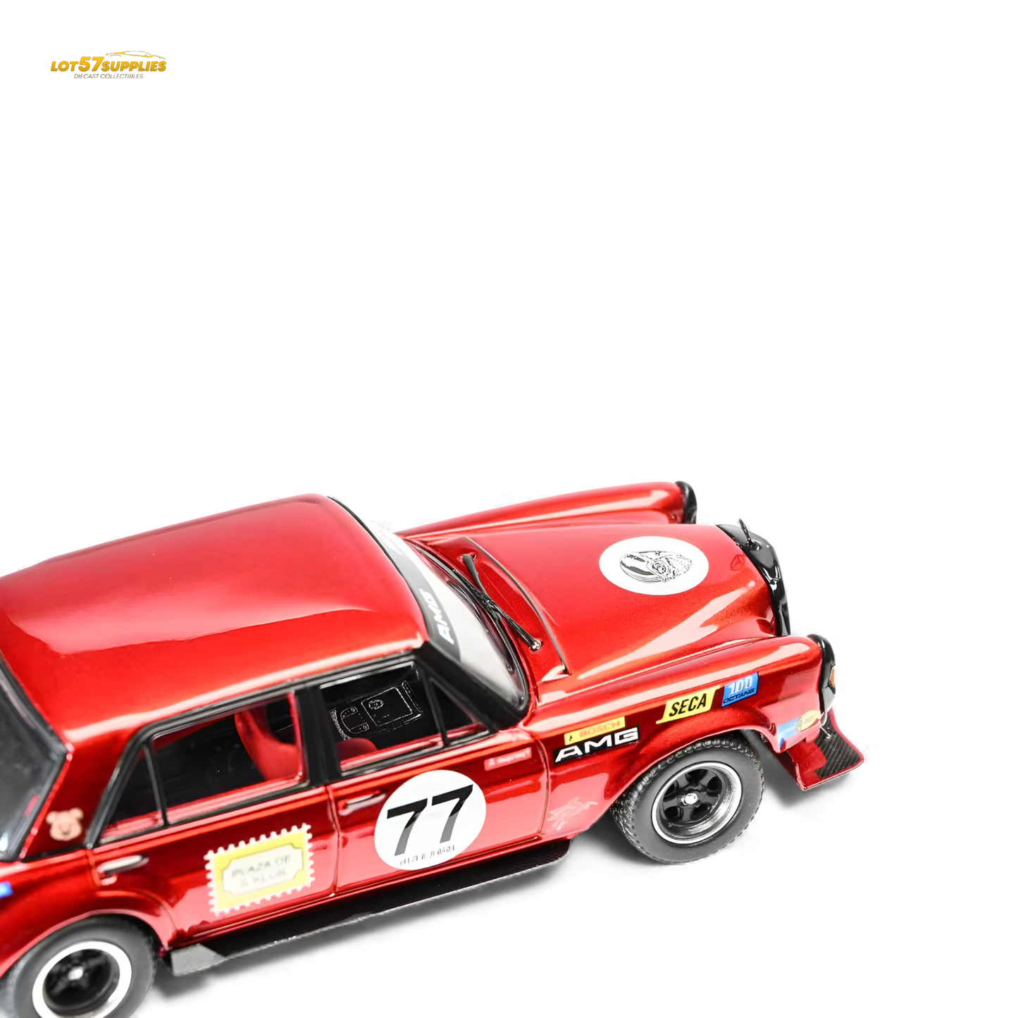 Red Mercedes-Benz W205 C63 diecast model by Lot57Supplies, detailed 1:64 scale tribute vehicle in vibrant red paint.