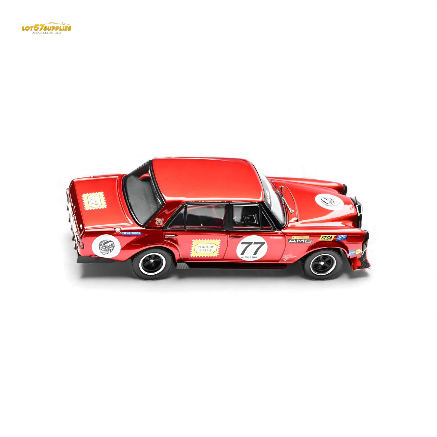 Red Mercedes-Benz W205 C63 diecast model by Lot57Supplies, detailed 1:64 scale tribute car featuring a sleek design.