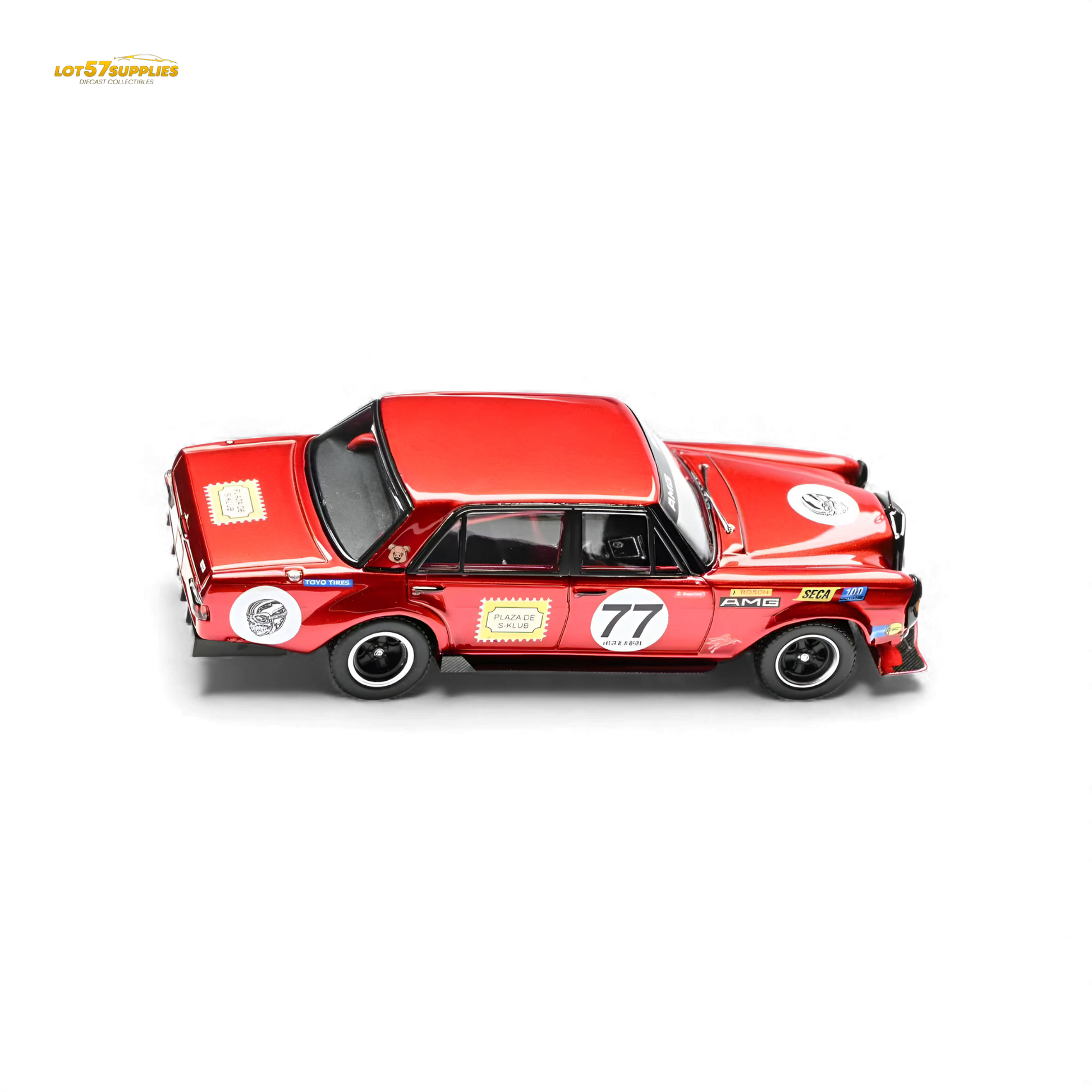 Red Mercedes-Benz W205 C63 diecast model by Lot57Supplies, detailed 1:64 scale tribute car featuring a sleek design.