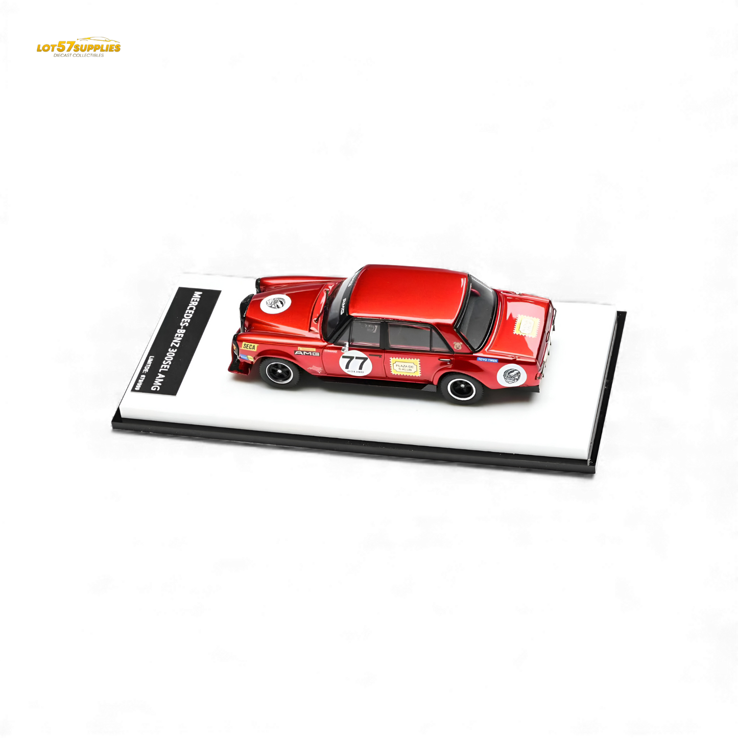 Red Mercedes-Benz W205 C63 diecast model by Lot57Supplies, detailed 1:64 scale tribute vehicle with realistic features.