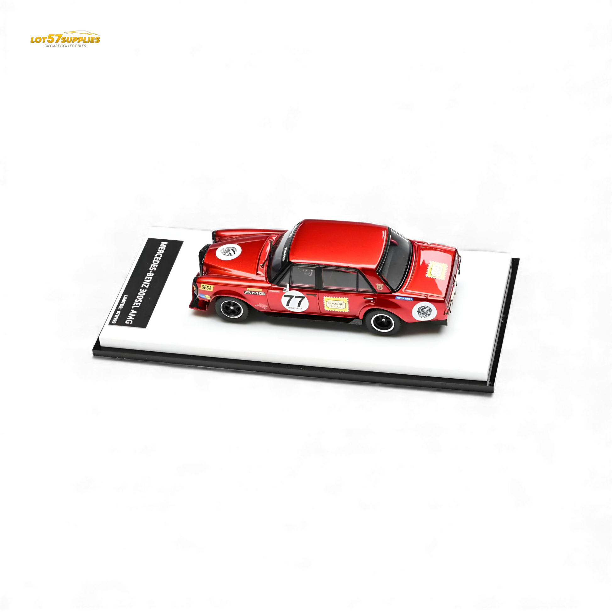 Red Mercedes-Benz W205 C63 diecast model by Lot57Supplies, detailed 1:64 scale tribute vehicle with realistic features.