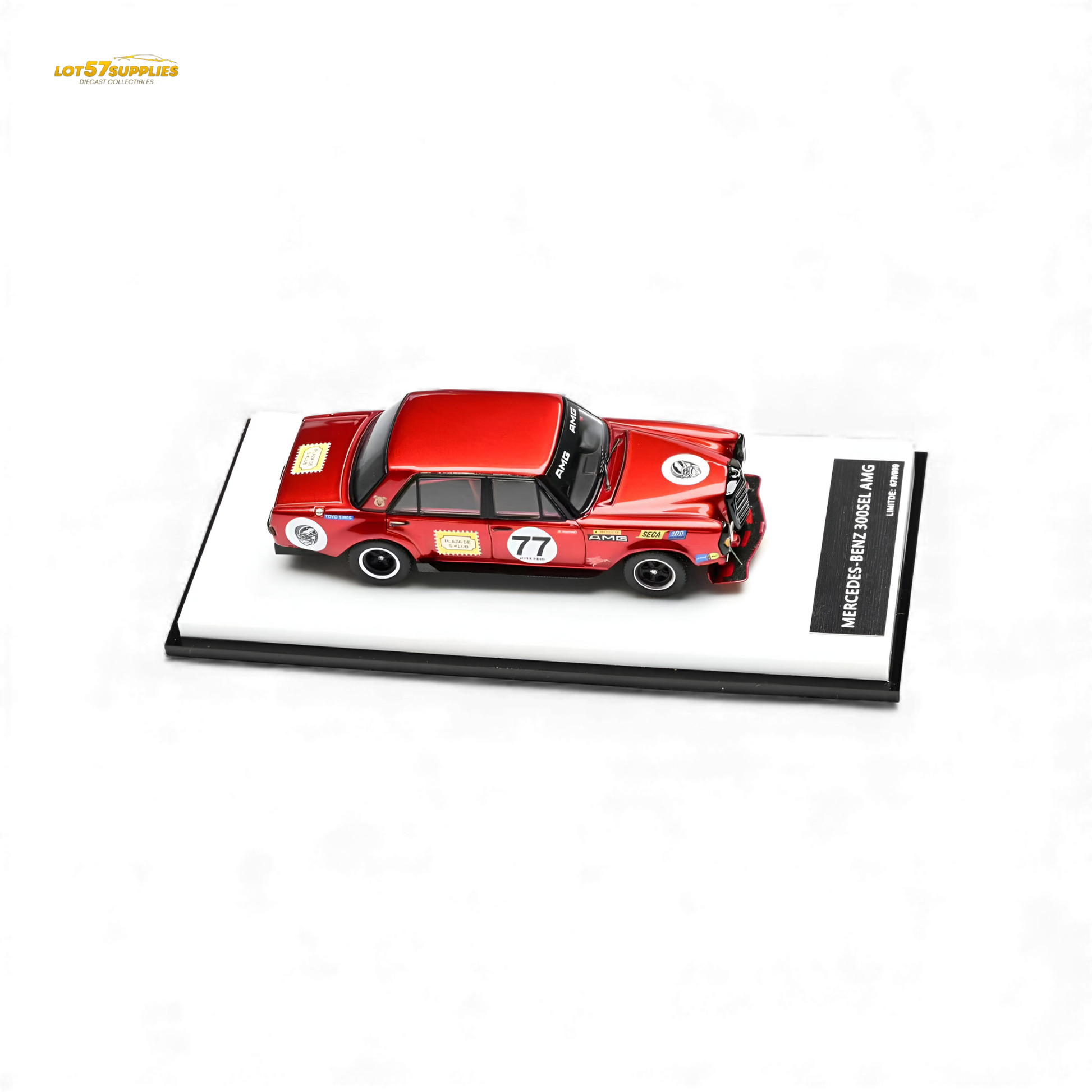 Red Mercedes-Benz W205 C63 diecast model by Lot57Supplies, detailed 1:64 scale tribute vehicle, pre-order available.