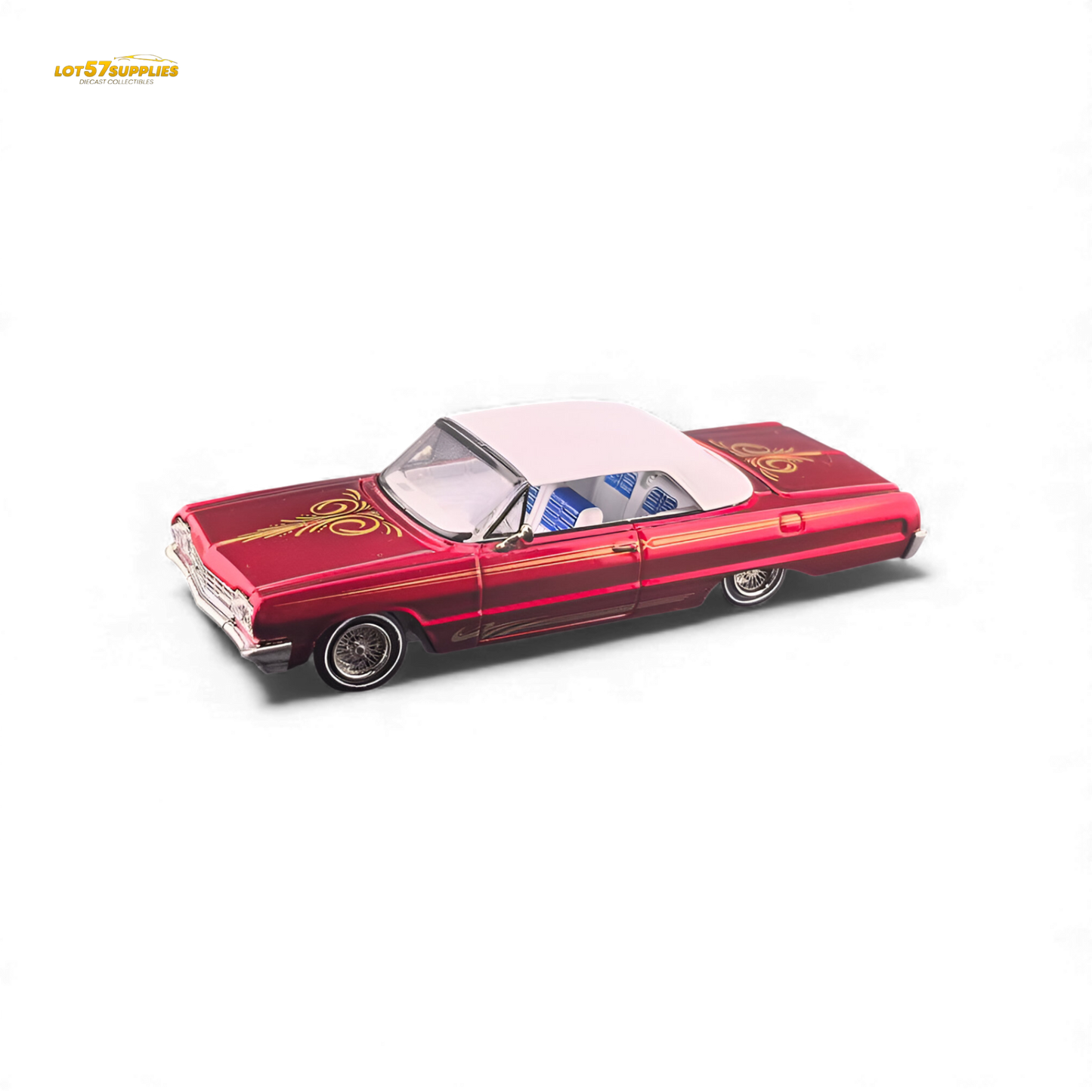 Red transparent 1:64 scale Chevrolet Impala diecast model by Lot57Supplies Diecast Shop, showcasing detailed exterior and sleek design.