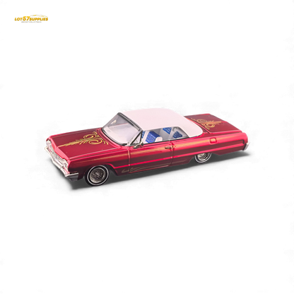 Red transparent 1:64 scale Chevrolet Impala diecast model by Lot57Supplies Diecast Shop, showcasing detailed exterior and sleek design.