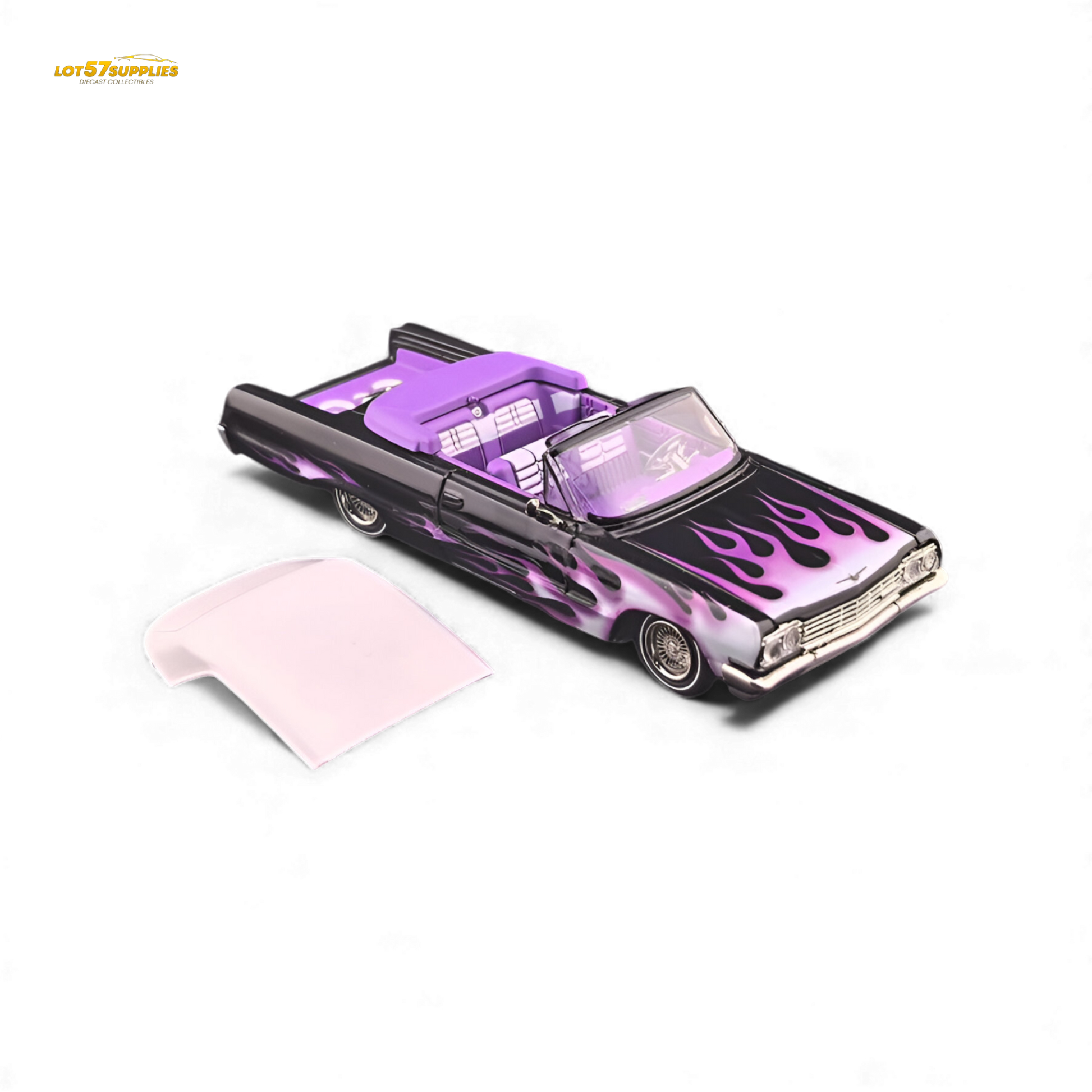 Miniature Lot57Supplies diecast Chevrolet Impala Ghost Flame luxury car in 1:64 scale, showcasing detailed ghost flame paint and sleek design.