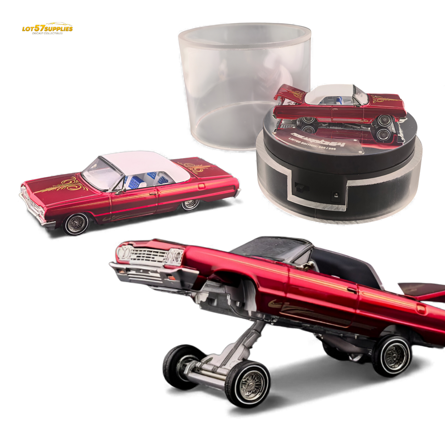 Transparent red 1:64 Chevrolet Impala diecast model by Fine Works64, showcasing detailed design and sleek luxury finish.