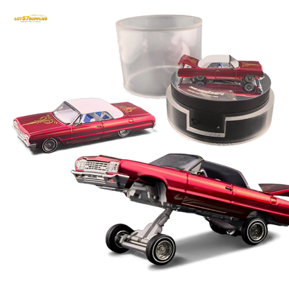 Transparent red 1:64 Chevrolet Impala diecast model by Fine Works64, showcasing detailed design and sleek luxury finish.