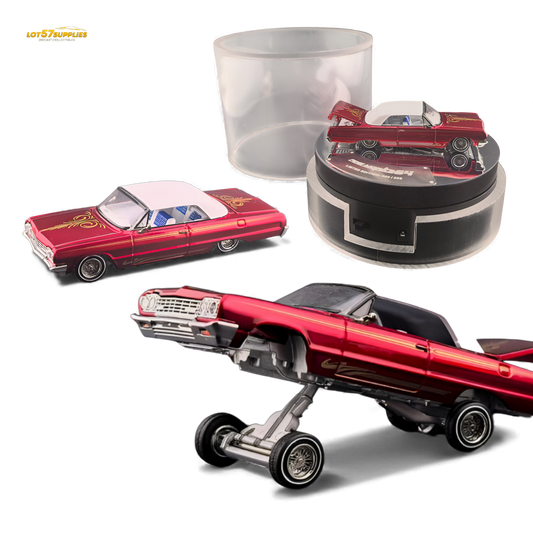 Transparent red 1:64 Chevrolet Impala diecast model by Fine Works64, showcasing detailed design and sleek luxury finish.