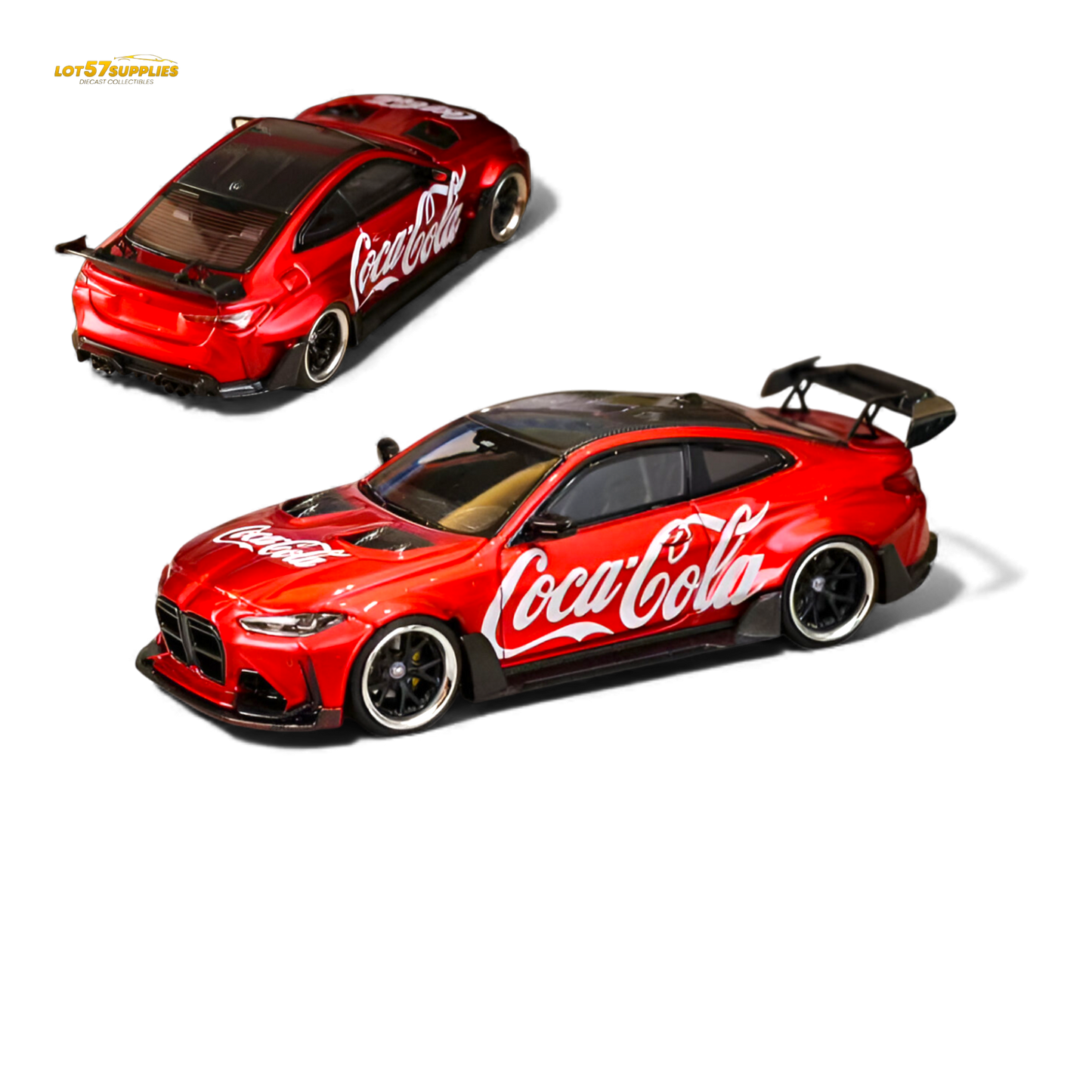 Diecast BMW G82 M4 wide-body model by Lot57Supplies with Coca-Cola design, 1:64 scale, detailed miniature car.