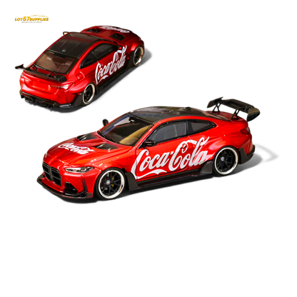 Diecast BMW G82 M4 wide-body model by Lot57Supplies with Coca-Cola design, 1:64 scale, detailed miniature car.