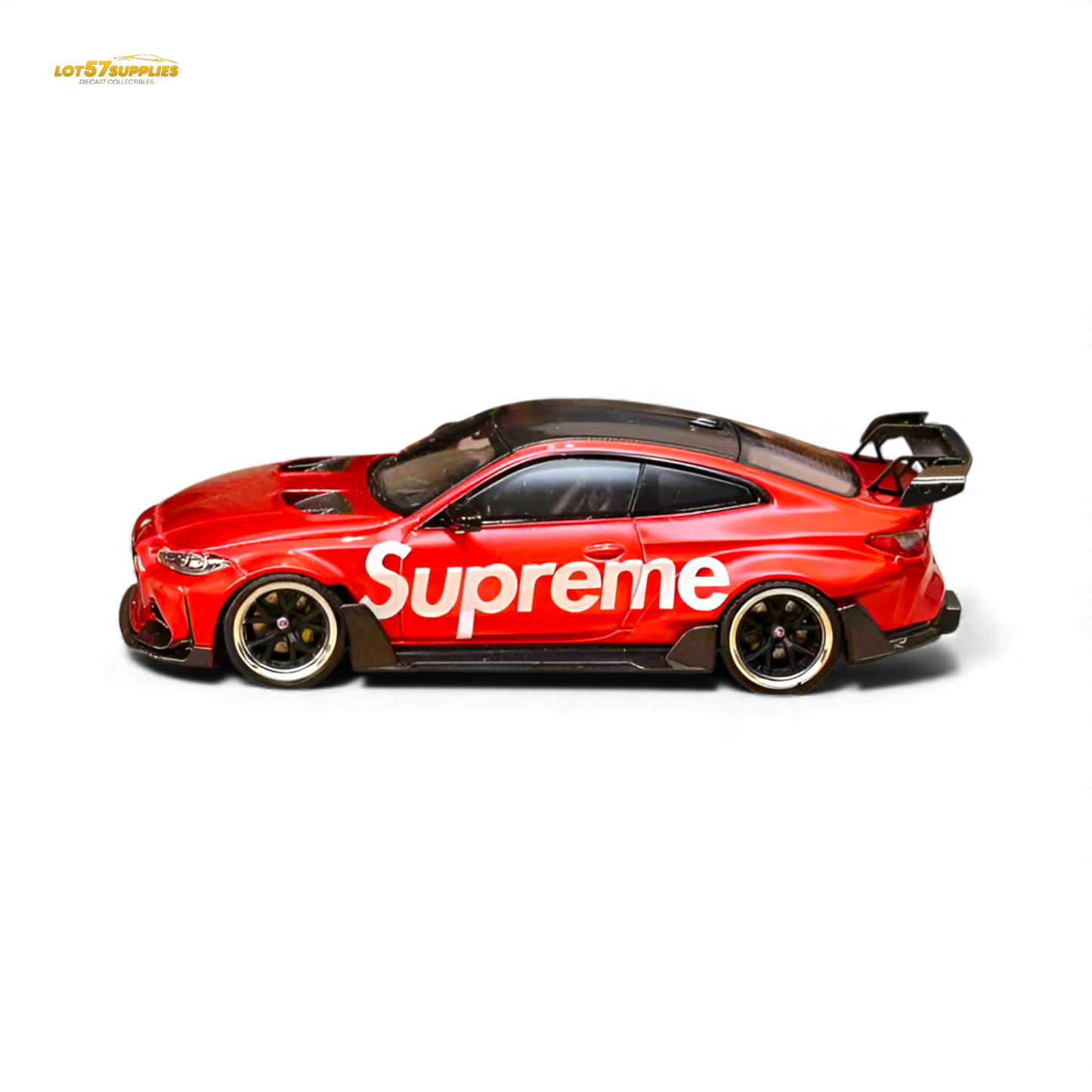 Diecast model of a BMW G82 M4 wide-body by Lot57Supplies, detailed 1:64 scale car with custom ghost player design.