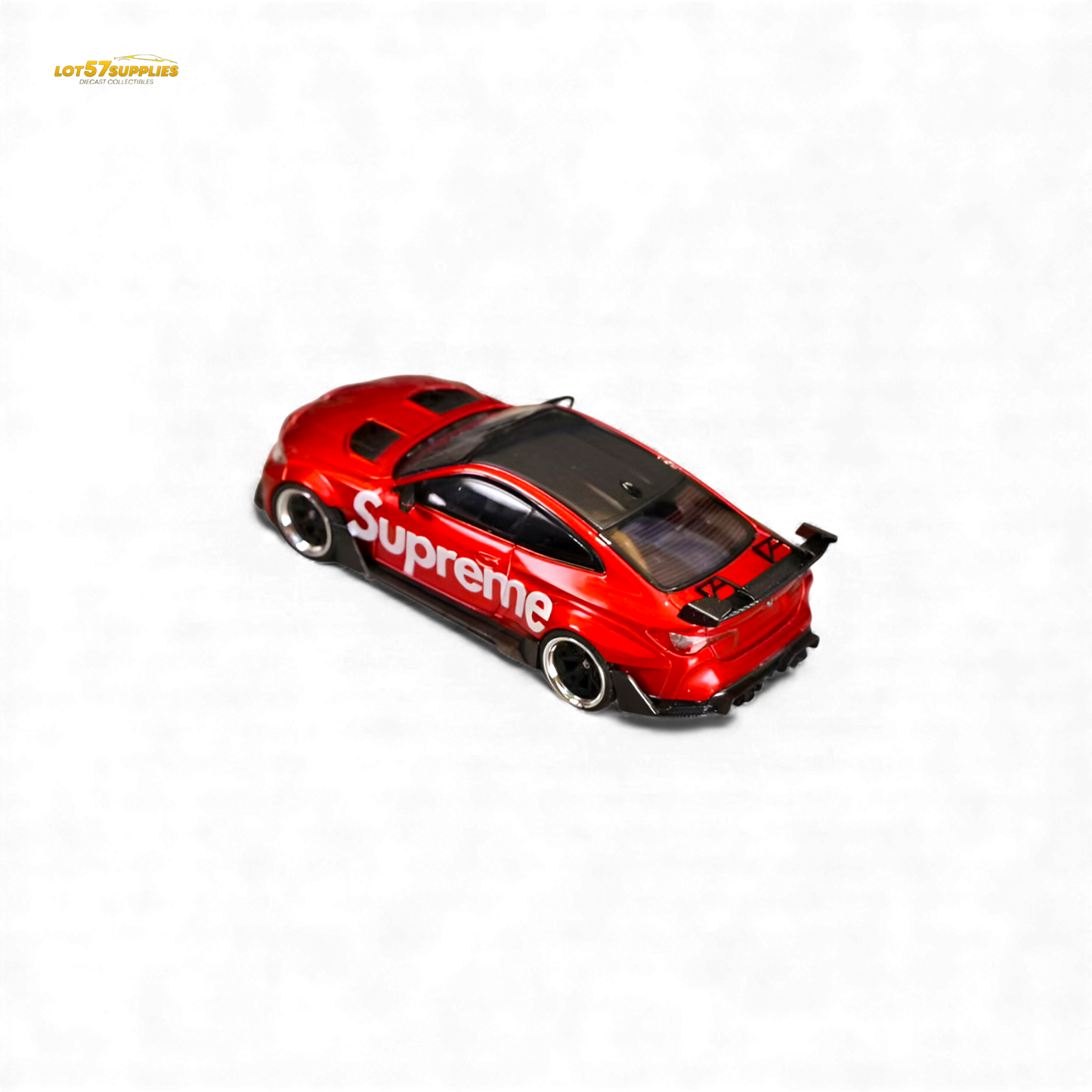 Diecast BMW G82 M4 wide-body model by Lot57Supplies in 1:64 scale, showcasing detailed design and vibrant colors.
