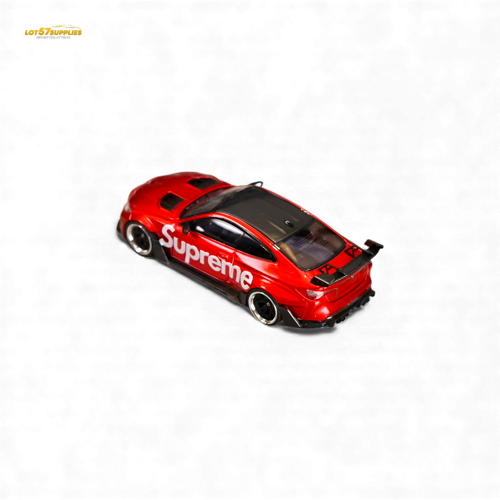 Diecast BMW G82 M4 wide-body model by Lot57Supplies in 1:64 scale, showcasing detailed design and vibrant colors.