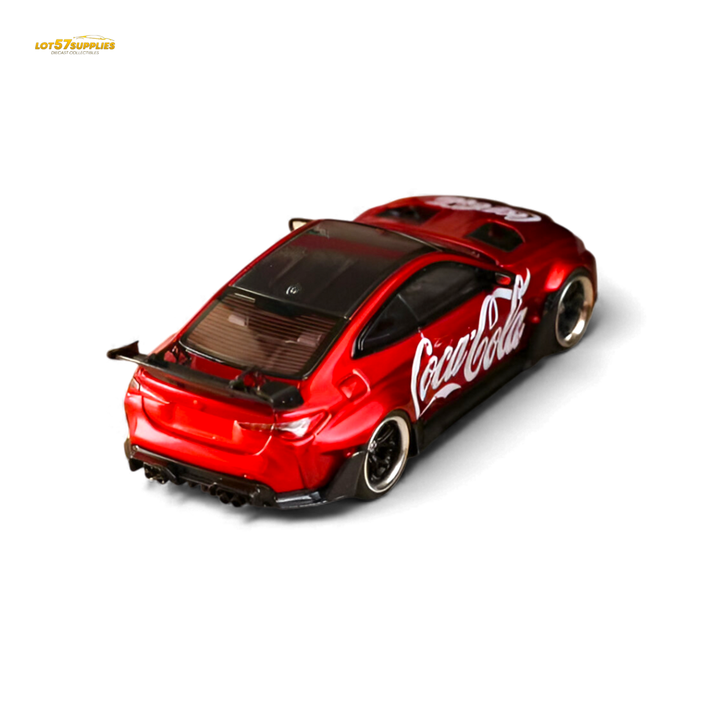 Detailed image of a BMW G82 M4 diecast model with wide-body design, branded as Coca Cola, by Lot57Supplies Diecast Shop.