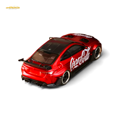 Detailed image of a BMW G82 M4 diecast model with wide-body design, branded as Coca Cola, by Lot57Supplies Diecast Shop.