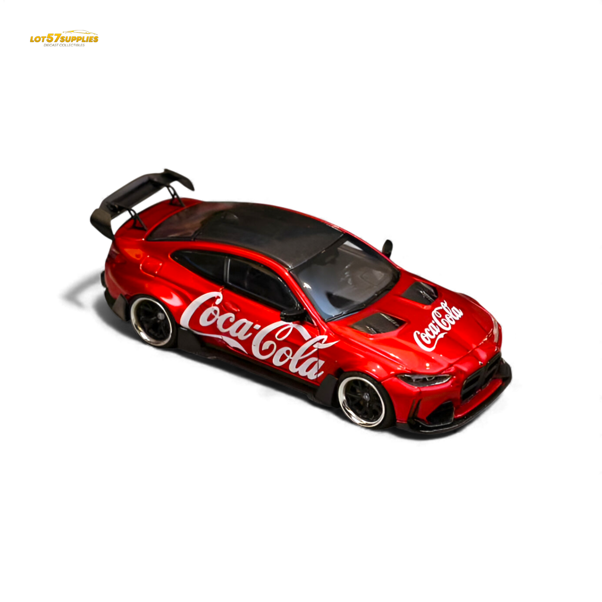 Diecast BMW G82 M4 wide-body model in Coca-Cola design, 1:64 scale by Lot57Supplies Diecast Shop.