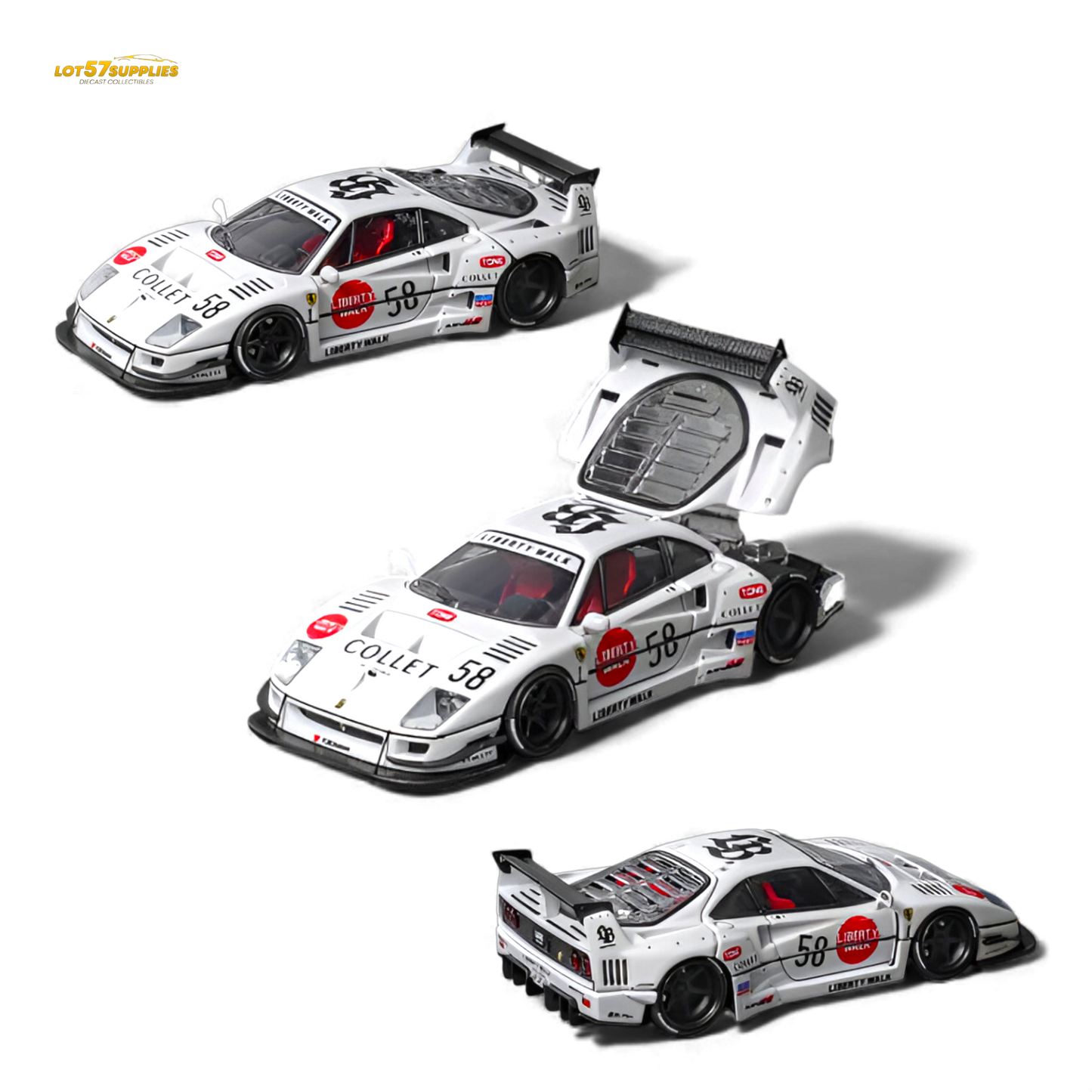 White 1:64 scale Ferrari F40 LB-Works diecast model by Star Models, detailed Ferrari car with sleek design.
