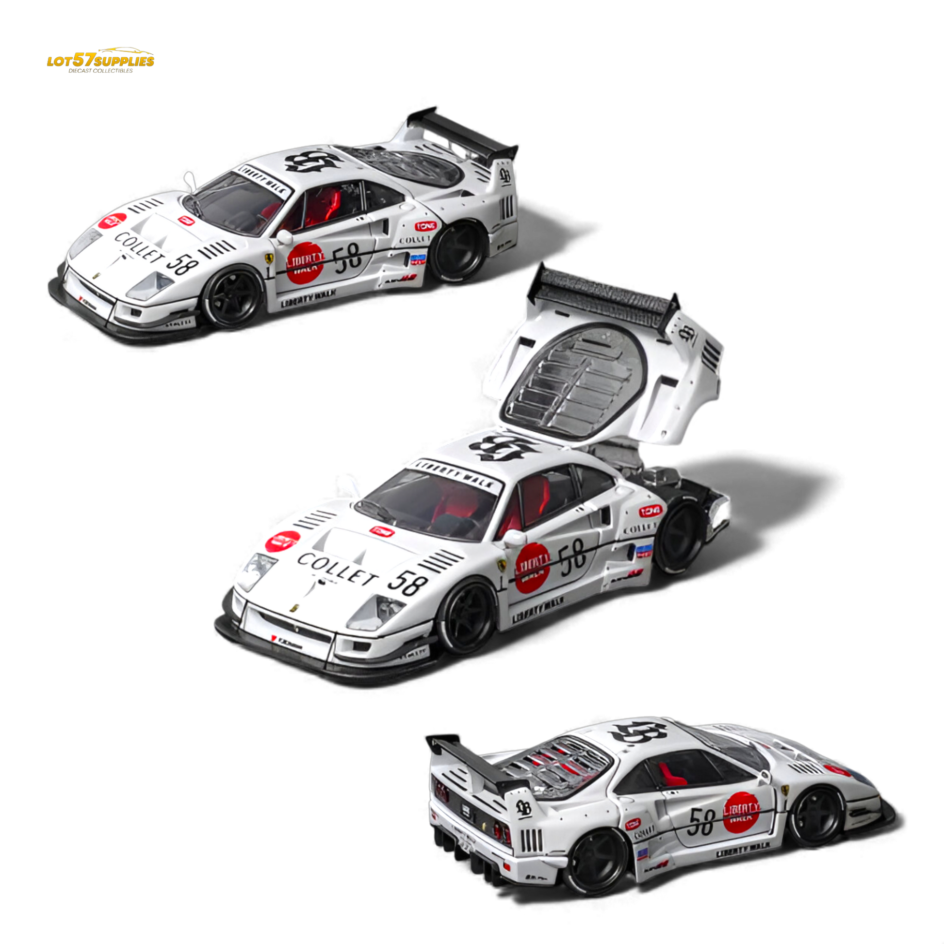 White 1:64 scale Ferrari F40 LB-Works diecast model by Star Models, detailed Ferrari car with sleek design.