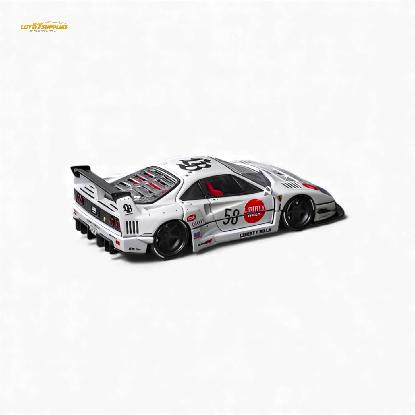 White 1:64 scale Ferrari F40 LB-Works diecast model by Star Models, detailed miniature car on display.